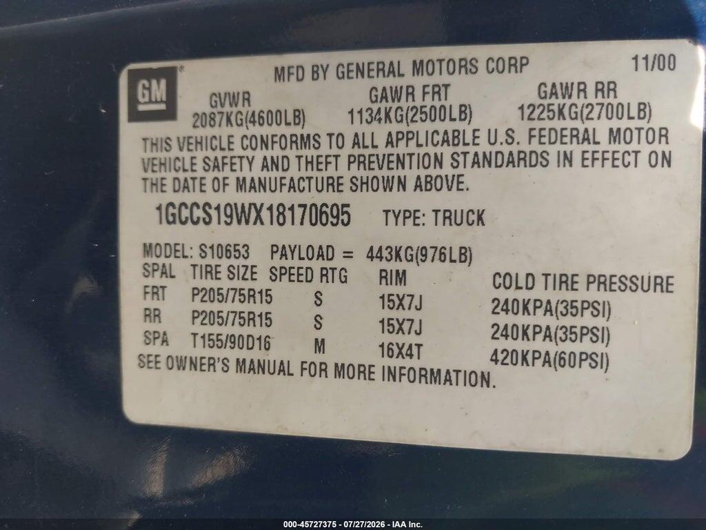 1GCCS19WX18170695 2001 CHEVROLET S-10 photo no. 9