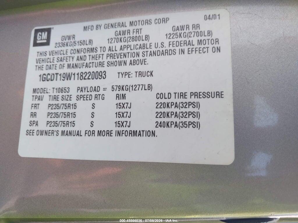 1GCDT19W118220093 2001 CHEVROLET S-10 photo no. 9