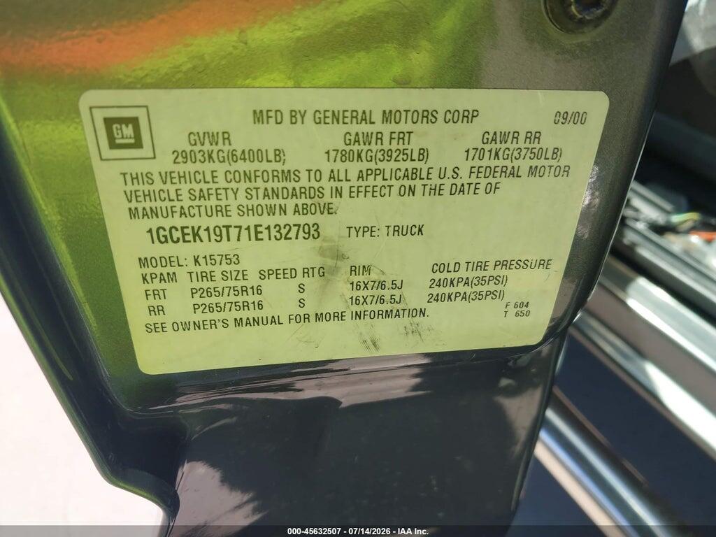 1GCEK19T71E132793 2001 CHEVROLET SILVERADO 1500 photo no. 9