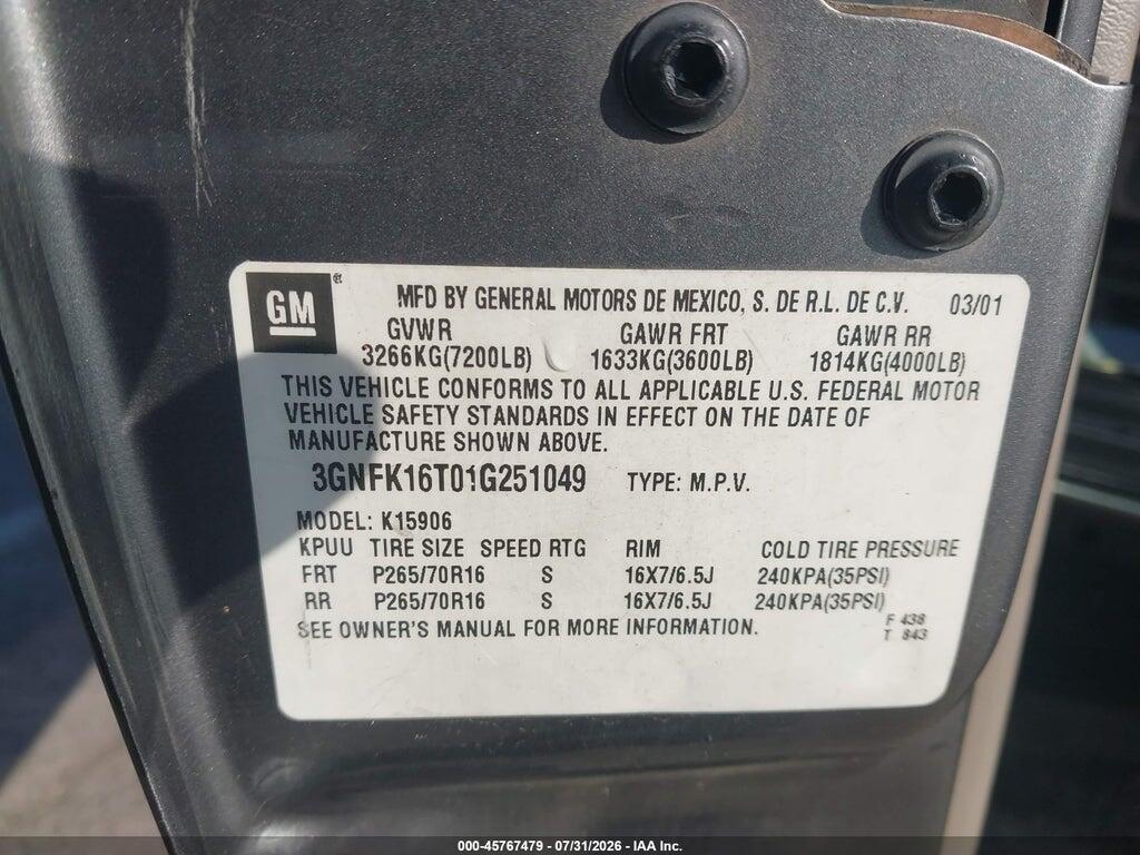 3GNFK16T01G251049 2001 CHEVROLET SUBURBAN 1500 photo no. 9