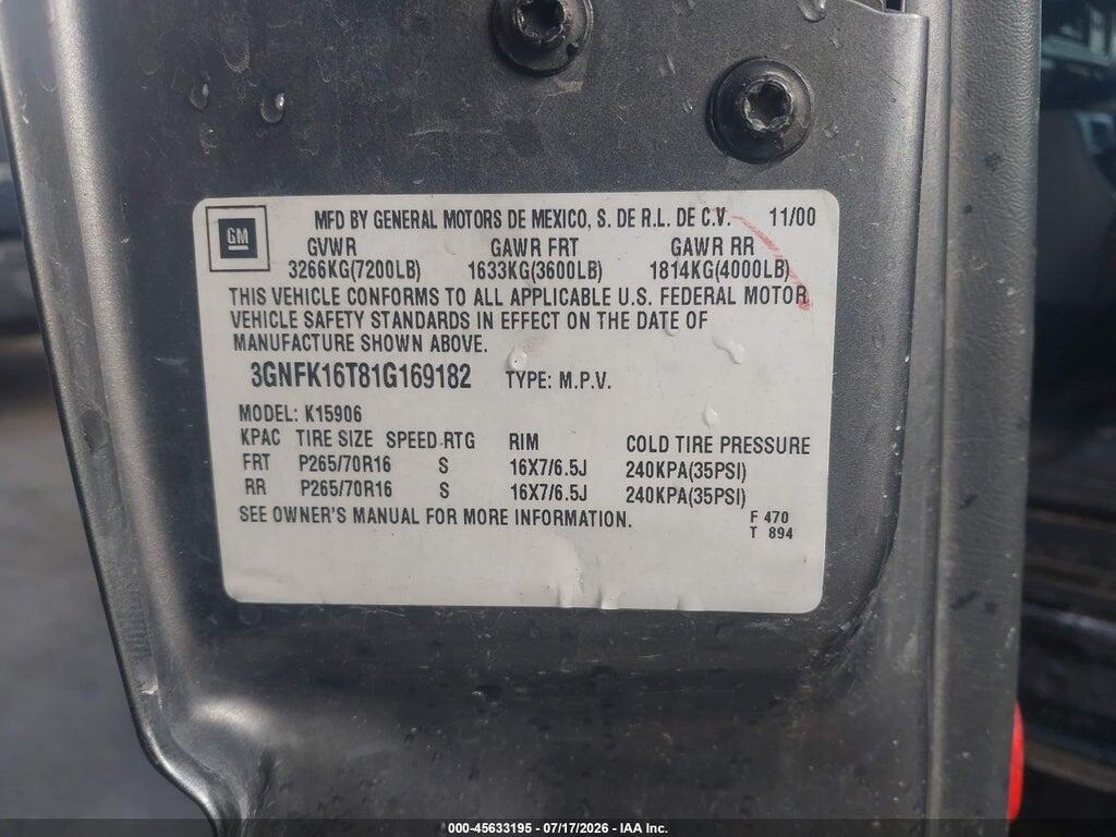 3GNFK16T81G169182 2001 CHEVROLET SUBURBAN 1500 photo no. 9
