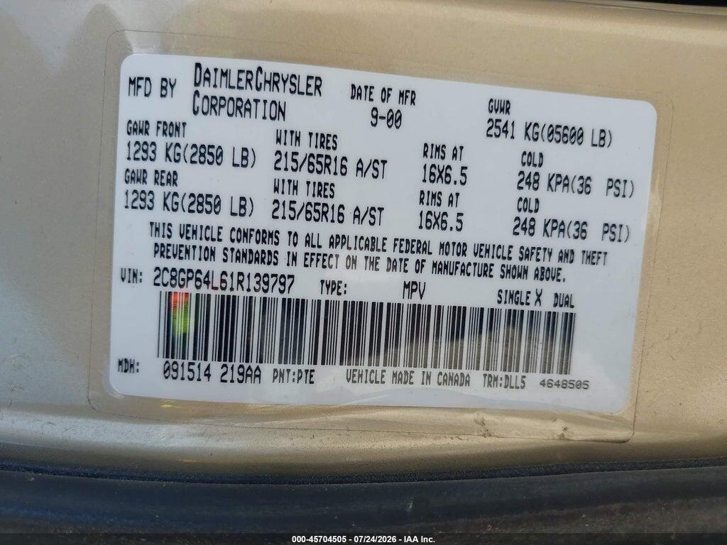 2C8GP64L61R139797 2001 CHRYSLER TOWN & COUNTRY photo no. 9