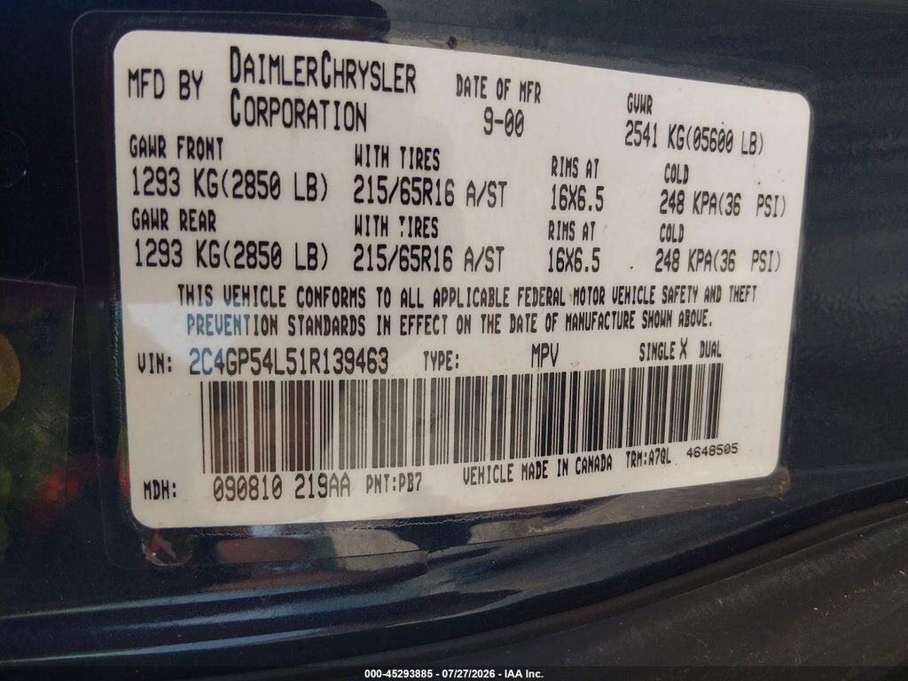 2C4GP54L51R139463 2001 CHRYSLER TOWN & COUNTRY photo no. 9