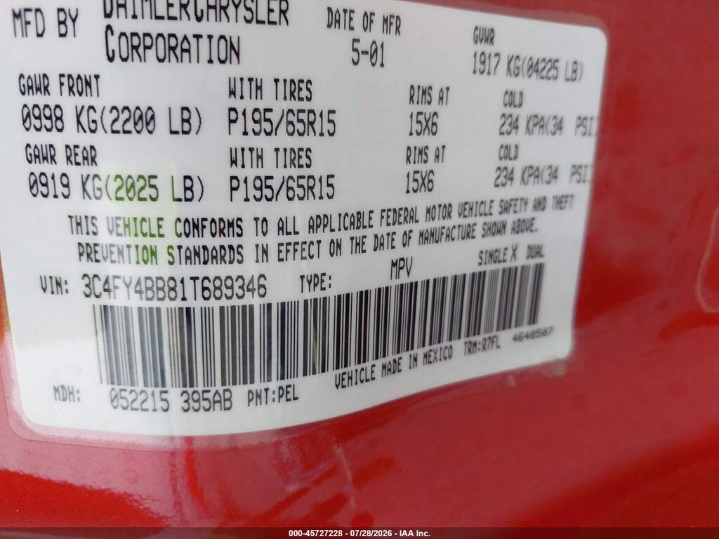 3C4FY4BB81T689346 2001 CHRYSLER PT CRUISER photo no. 9