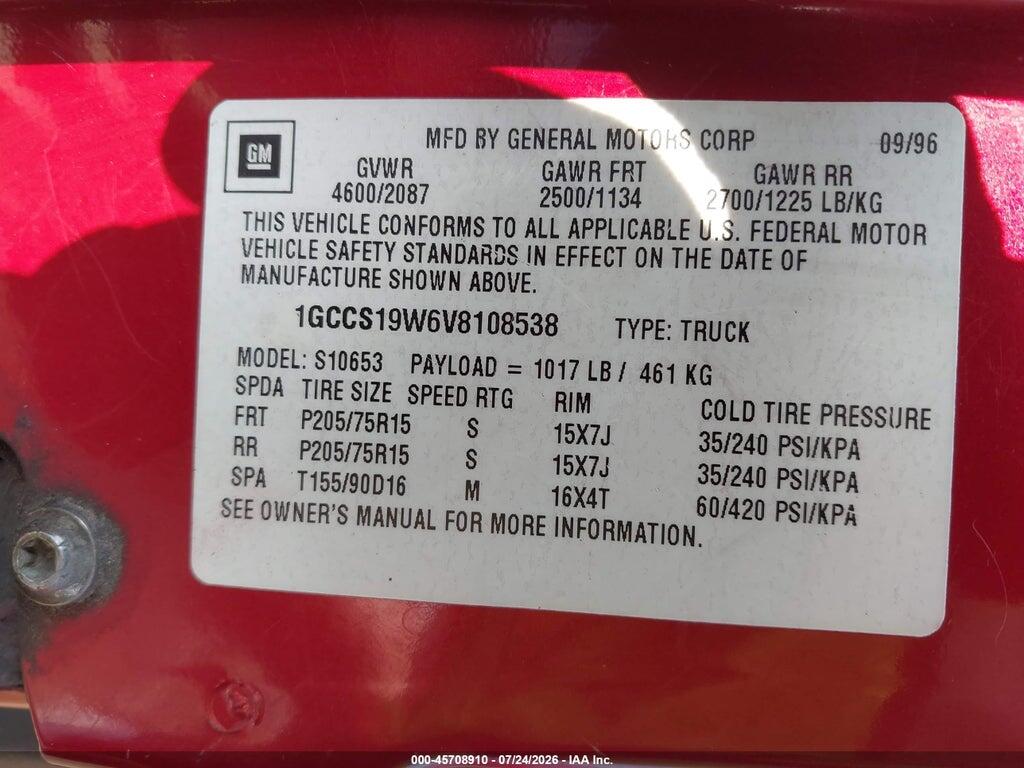 1GCCS19W6V8108538 1997 CHEVROLET S-10 photo no. 9