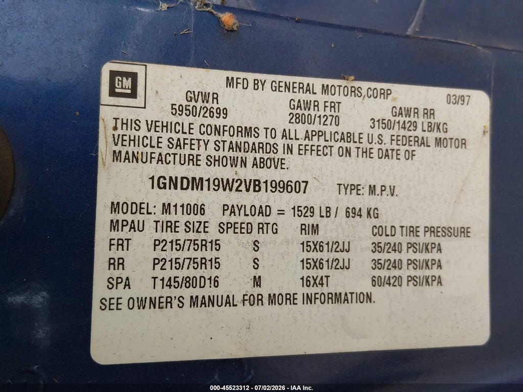 1GNDM19W2VB199607 1997 CHEVROLET ASTRO PASSENGER photo no. 9