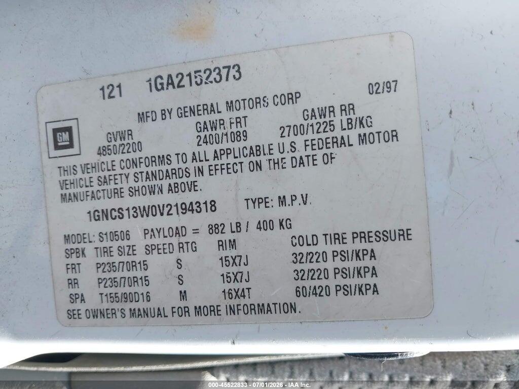 1GNCS13W0V2194318 1997 CHEVROLET BLAZER photo no. 9