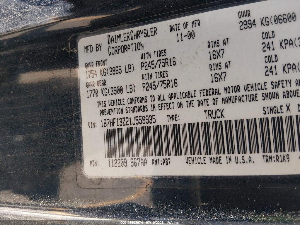 1B7HF13Z21J559935 2001 DODGE RAM 1500 photo no. 9