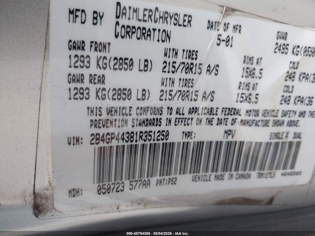 2B4GP44381R351250 2001 DODGE GRAND CARAVAN photo no. 9