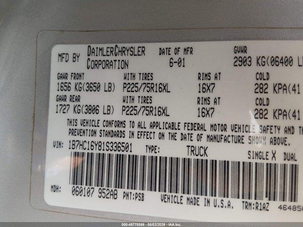 1B7HC16Y81S336501 2001 DODGE RAM 1500 photo no. 9