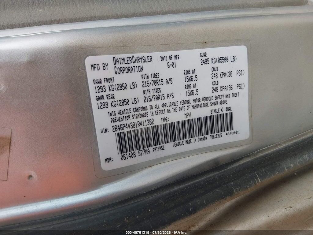 2B4GP44381R411382 2001 DODGE GRAND CARAVAN photo no. 9