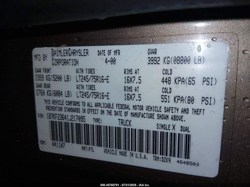 1B7KF23641J217095 2001 DODGE RAM 2500 photo no. 9