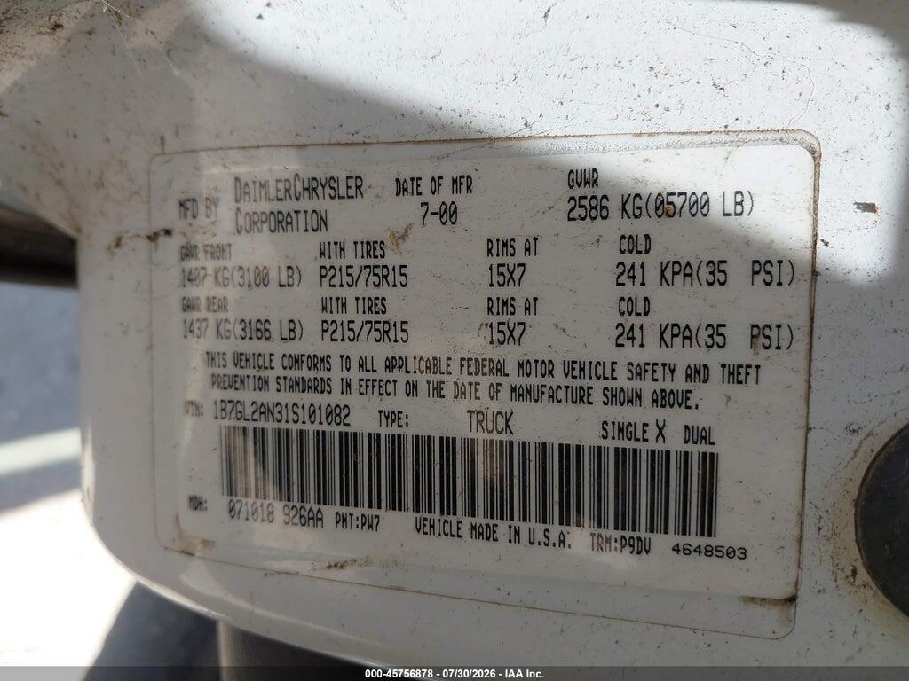1B7GL2AN31S101082 2001 DODGE DAKOTA photo no. 9