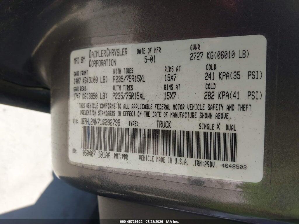 1B7HL2AN71S292798 2001 DODGE DAKOTA photo no. 9