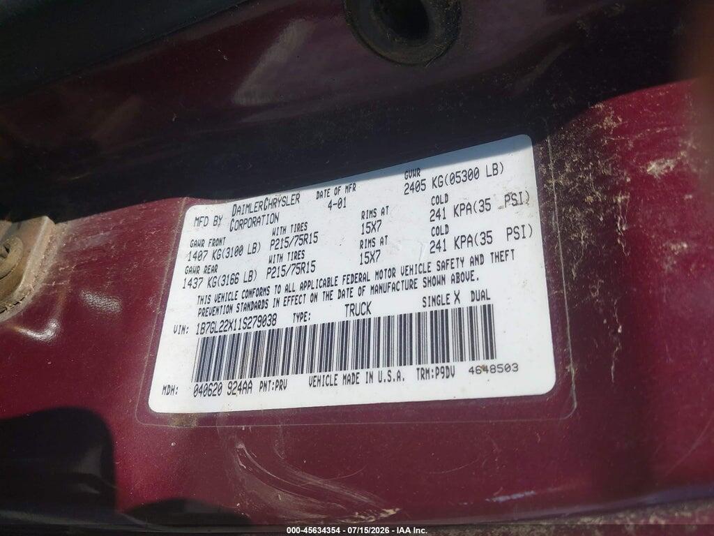 1B7GL22X11S279038 2001 DODGE DAKOTA photo no. 9