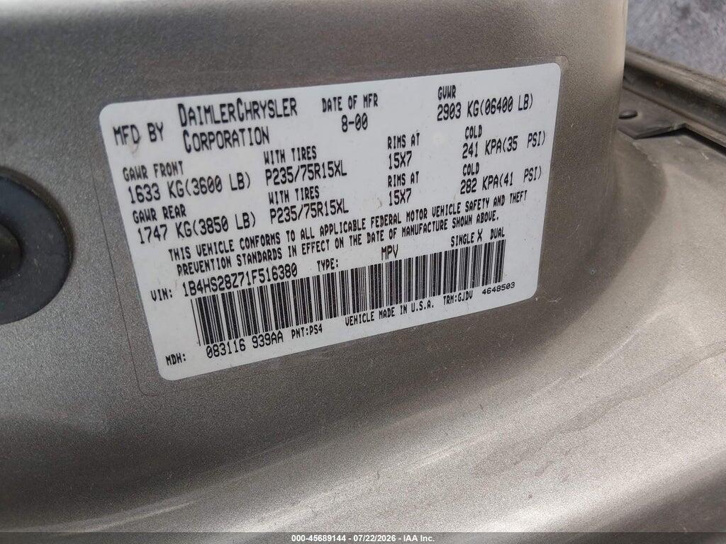 1B4HS28Z71F516380 2001 DODGE DURANGO photo no. 9
