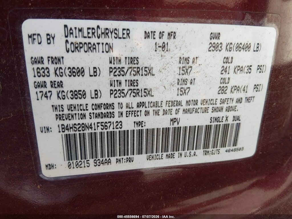 1B4HS28N41F567123 2001 DODGE DURANGO photo no. 9