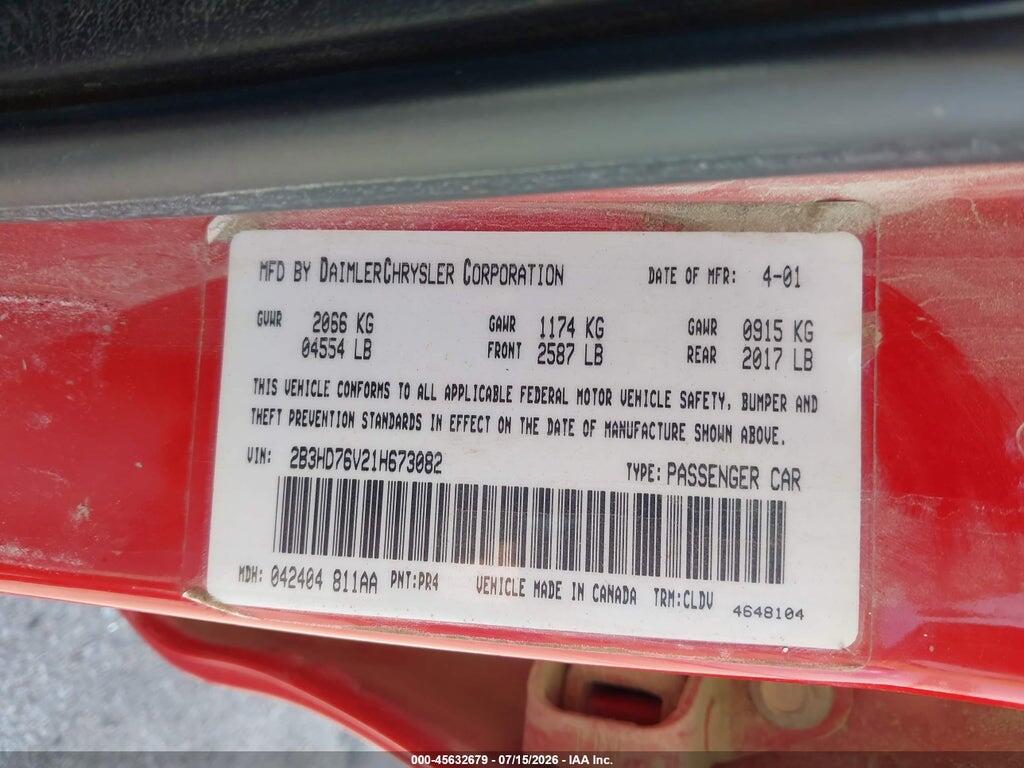 2B3HD76V21H673082 2001 DODGE INTREPID photo no. 9