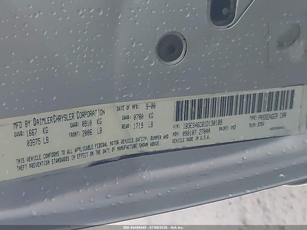 1B3ES46C81D130189 2001 DODGE NEON photo no. 9