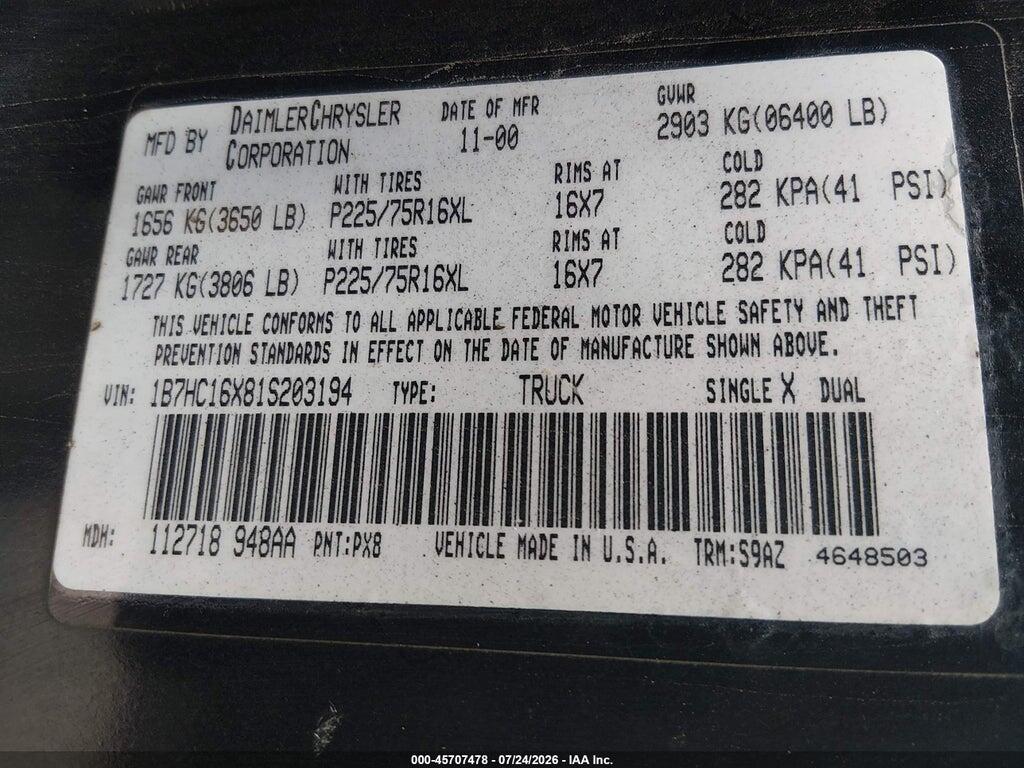 1B7HC16X81S203194 2001 DODGE RAM 1500 photo no. 9