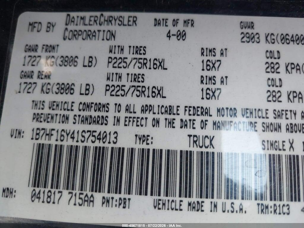 1B7HF16Y41S754013 2001 DODGE RAM 1500 photo no. 9