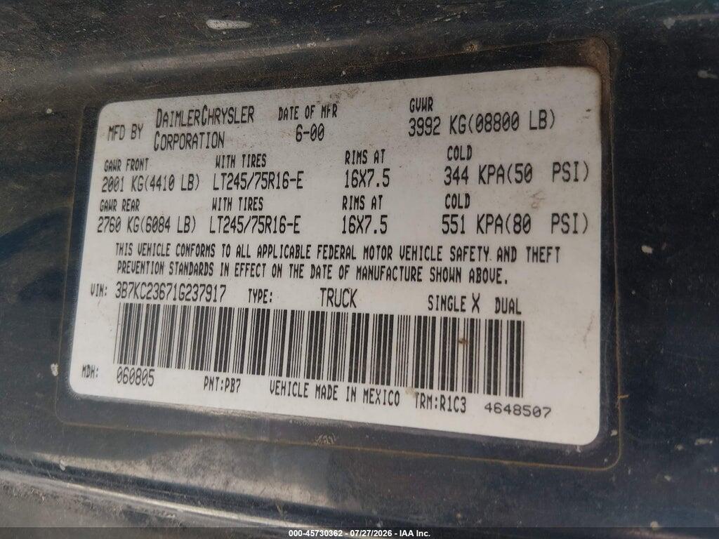 3B7KC23671G237917 2001 DODGE RAM 2500 photo no. 9