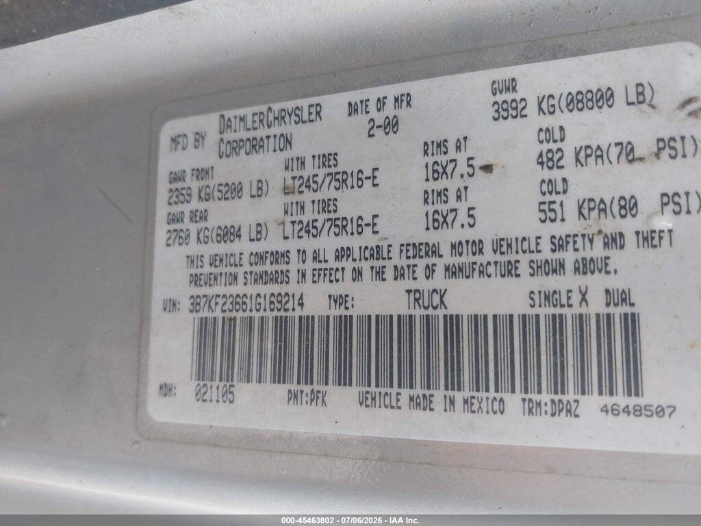 3B7KF23661G169214 2001 DODGE RAM 2500 photo no. 9