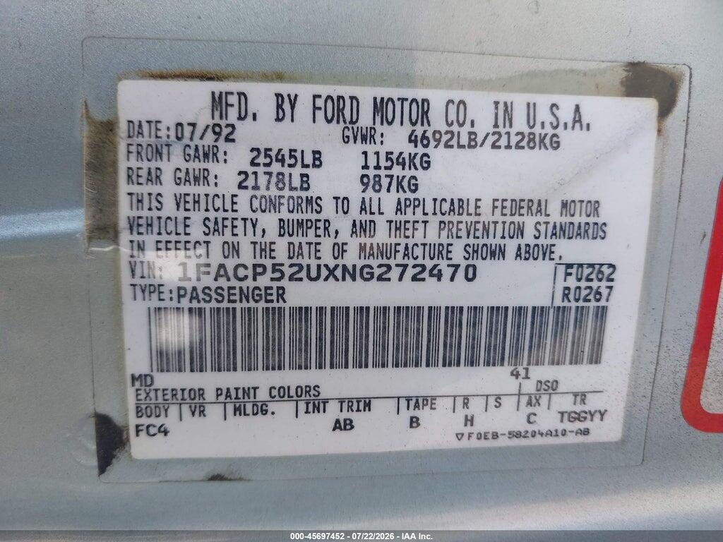 1FACP52UXNG272470 1992 FORD TAURUS photo no. 9