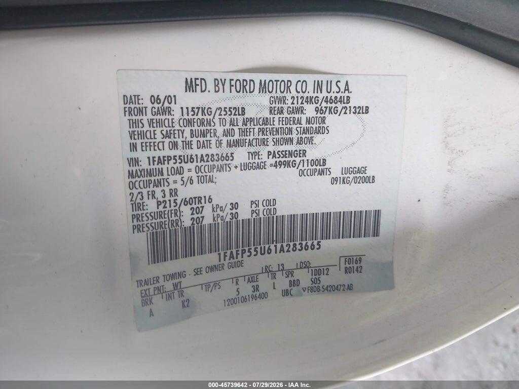 1FAFP55U61A283665 2001 FORD TAURUS photo no. 9