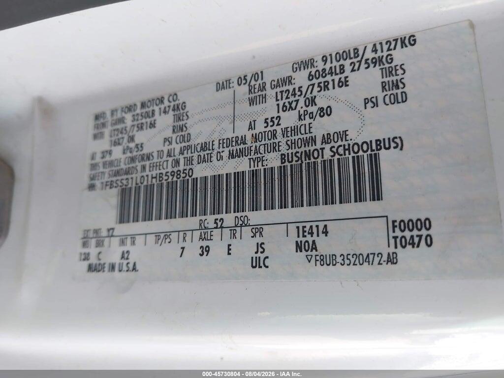 1FBSS31L01HB59850 2001 FORD E-350 SUPER DUTY photo no. 9