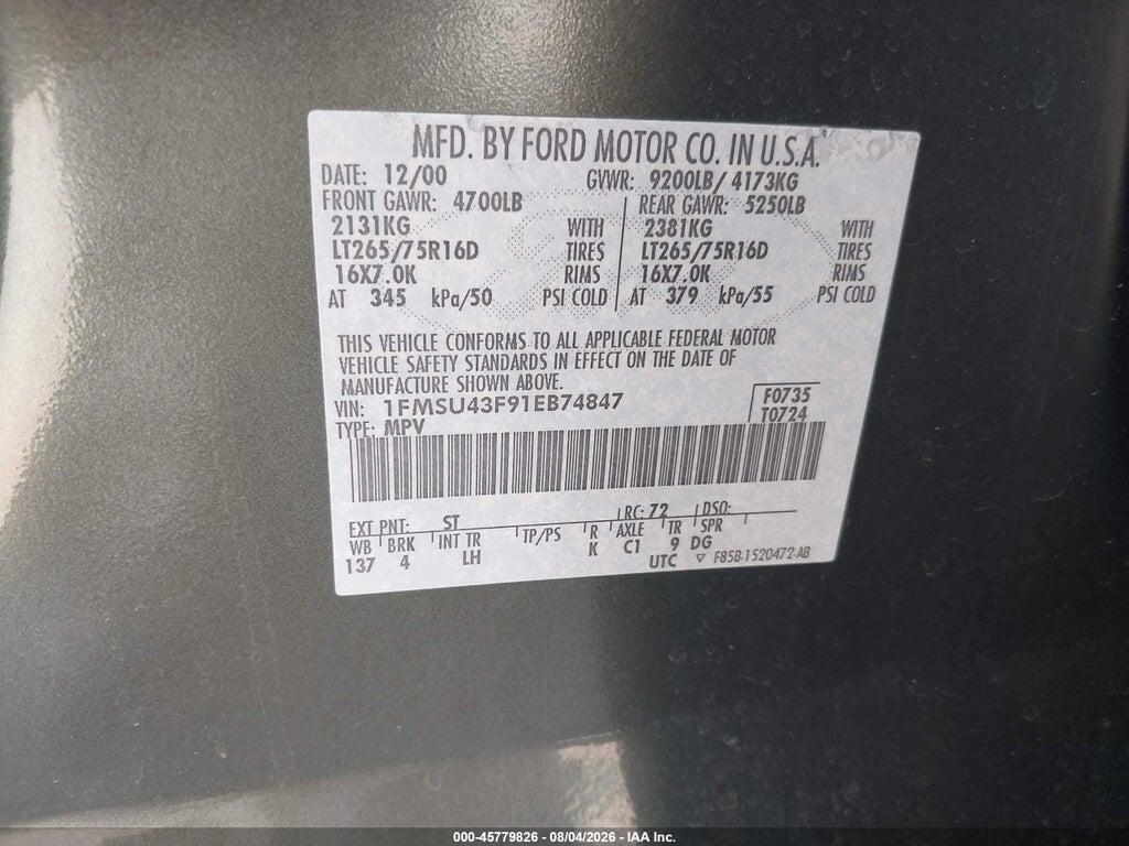 1FMSU43F91EB74847 2001 FORD EXCURSION photo no. 9
