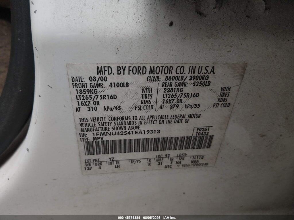 1FMNU42S41EA19313 2001 FORD EXCURSION photo no. 9