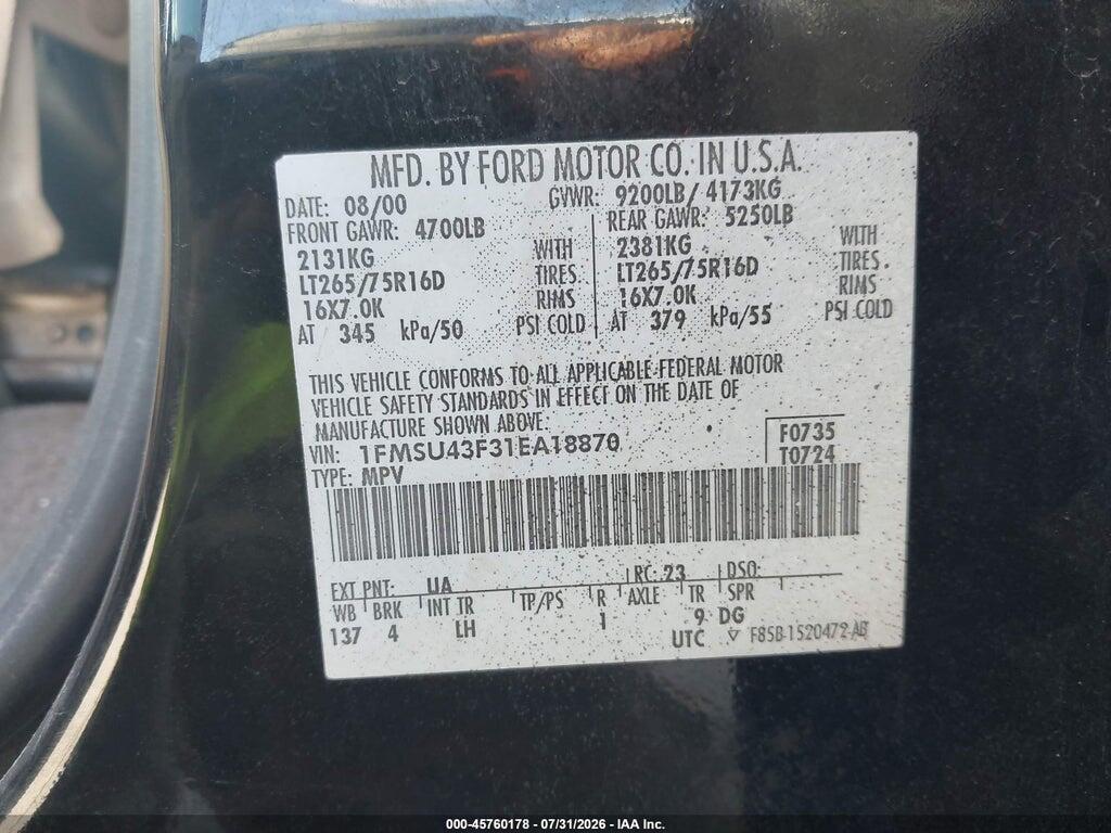 1FMSU43F31EA18870 2001 FORD EXCURSION photo no. 9