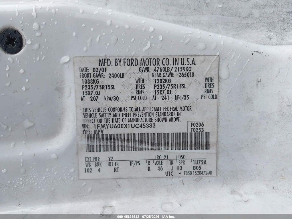 1FMYU60EX1UC45383 2001 FORD EXPLORER SPORT photo no. 9