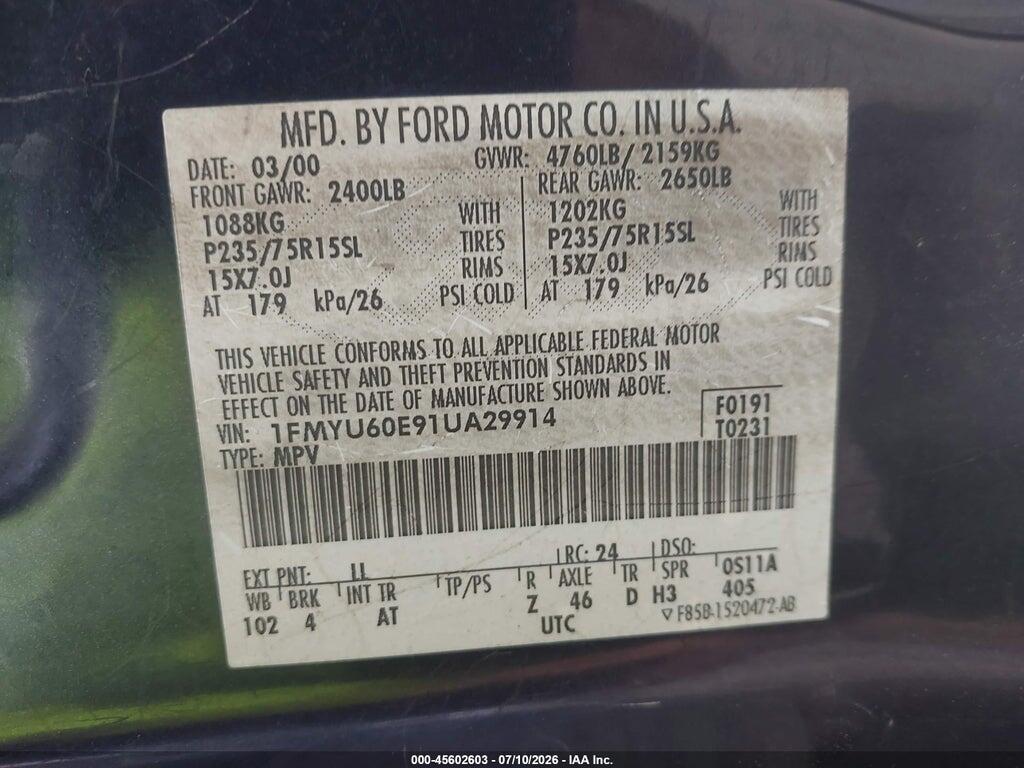 1FMYU60E91UA29914 2001 FORD EXPLORER SPORT photo no. 9