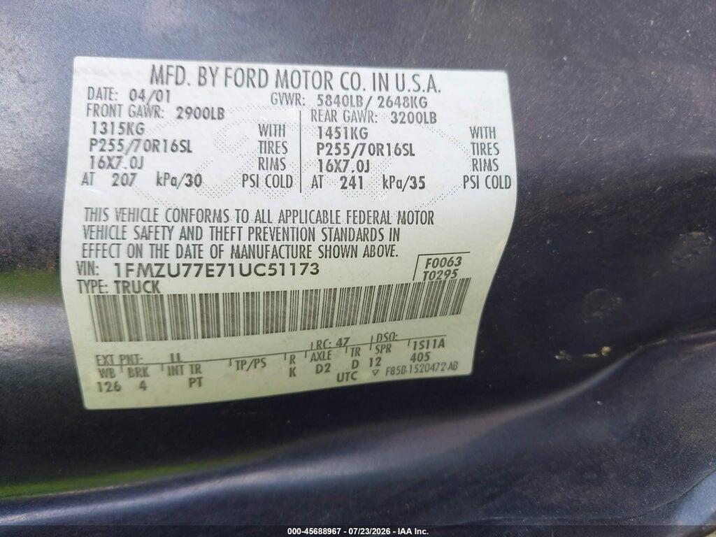 1FMZU77E71UC51173 2001 FORD EXPLORER SPORT TRAC photo no. 9