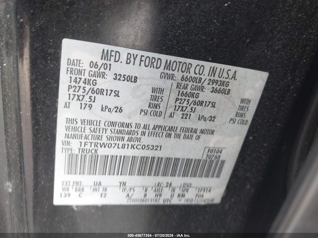 1FTRW07L81KC05321 2001 FORD F-150 photo no. 9