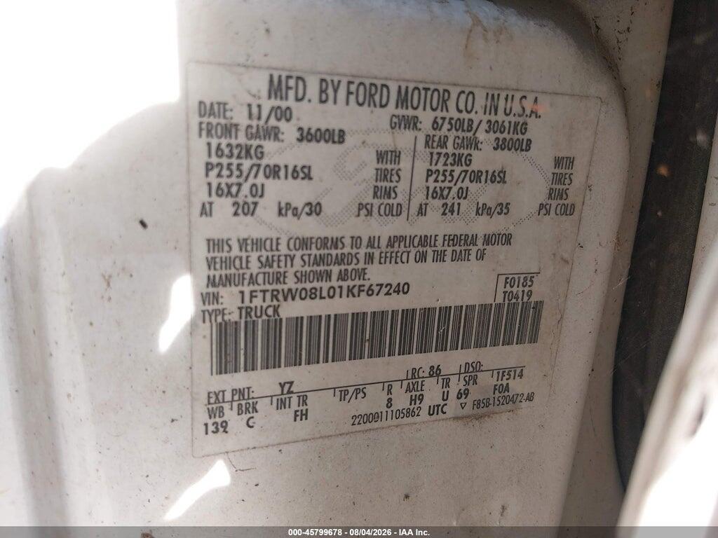 1FTRW08L01KF67240 2001 FORD F-150 photo no. 9