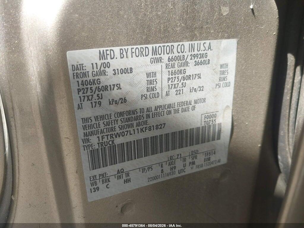 1FTRW07L11KF81827 2001 FORD F-150 photo no. 9