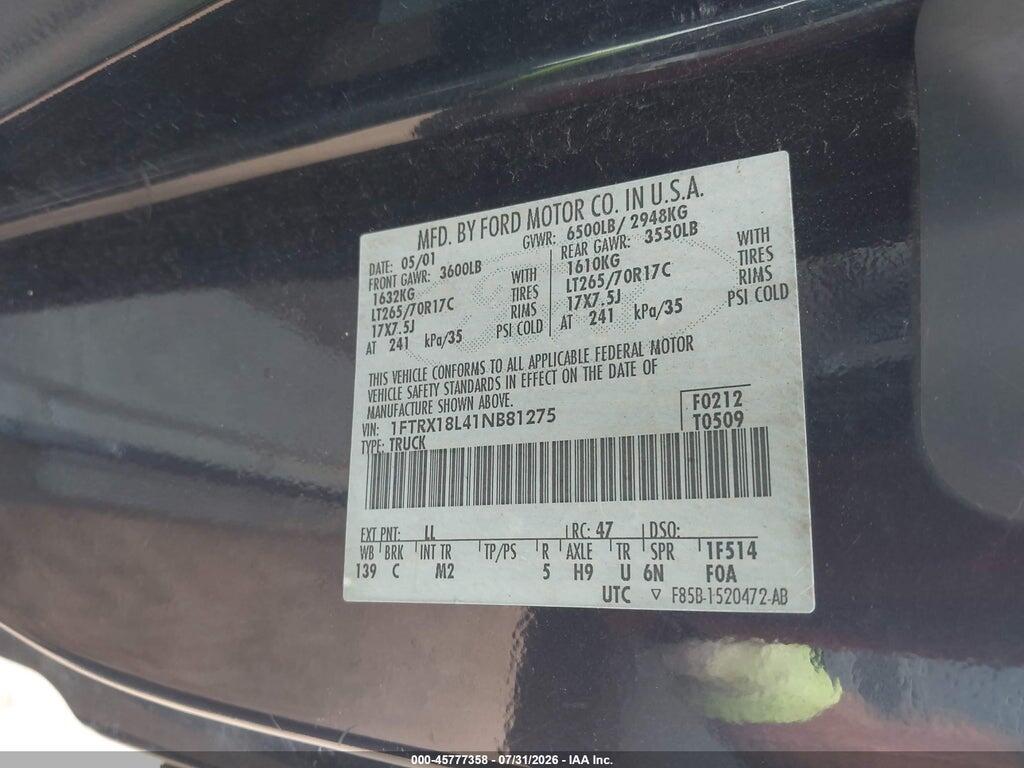 1FTRX18L41NB81275 2001 FORD F-150 photo no. 9