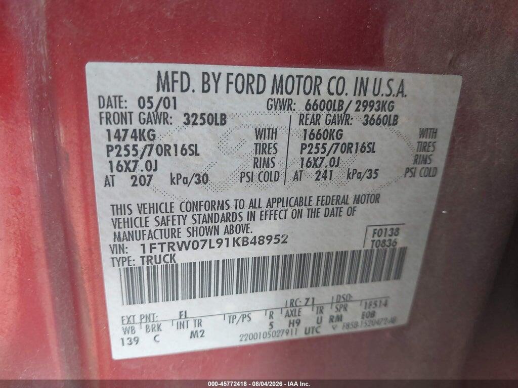 1FTRW07L91KB48952 2001 FORD F-150 photo no. 9