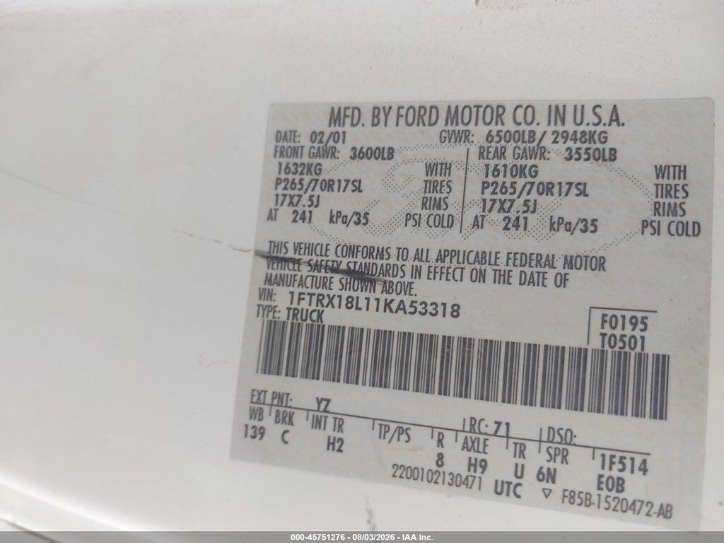 1FTRX18L11KA53318 2001 FORD F-150 photo no. 9