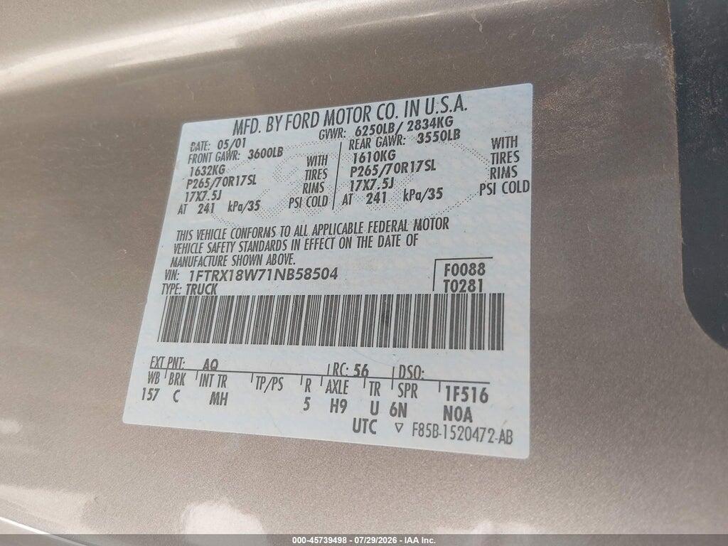 1FTRX18W71NB58504 2001 FORD F-150 photo no. 9