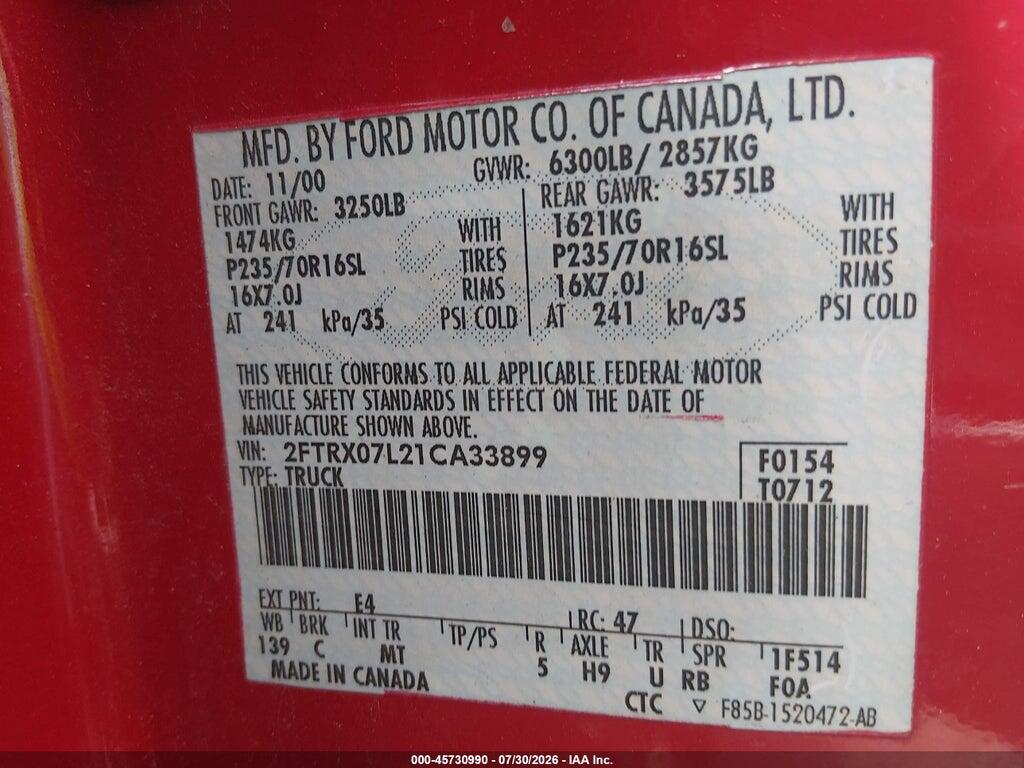 2FTRX07L21CA33899 2001 FORD F-150 photo no. 9