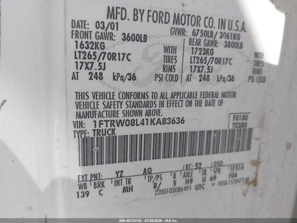 1FTRW08L41KA83636 2001 FORD F-150 photo no. 9