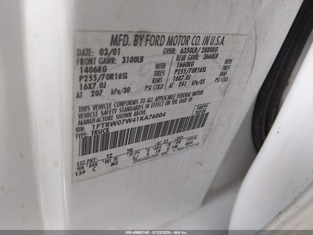 1FTRW07W41KA76004 2001 FORD F-150 photo no. 9