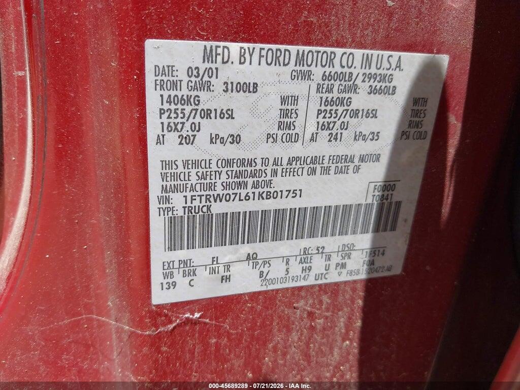 1FTRW07L61KB01751 2001 FORD F-150 photo no. 9