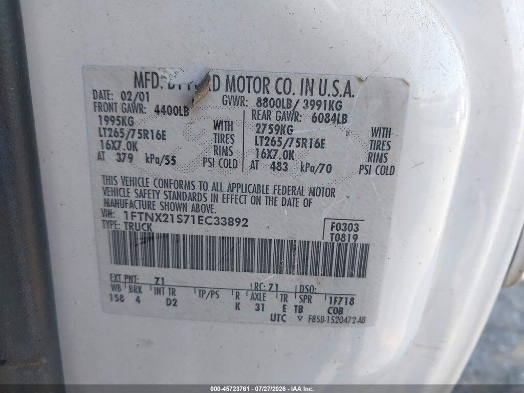 1FTNX21S71EC33892 2001 FORD F-250 photo no. 9