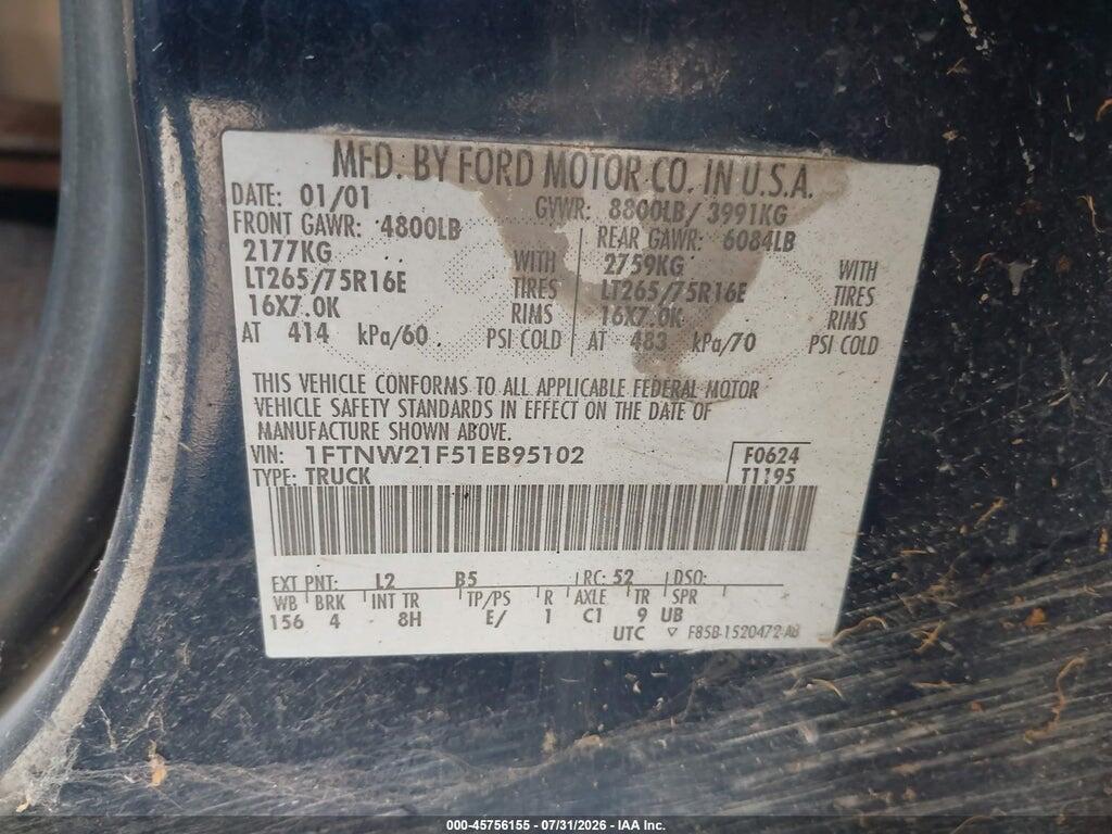 1FTNW21F51EB95102 2001 FORD F-250 photo no. 9