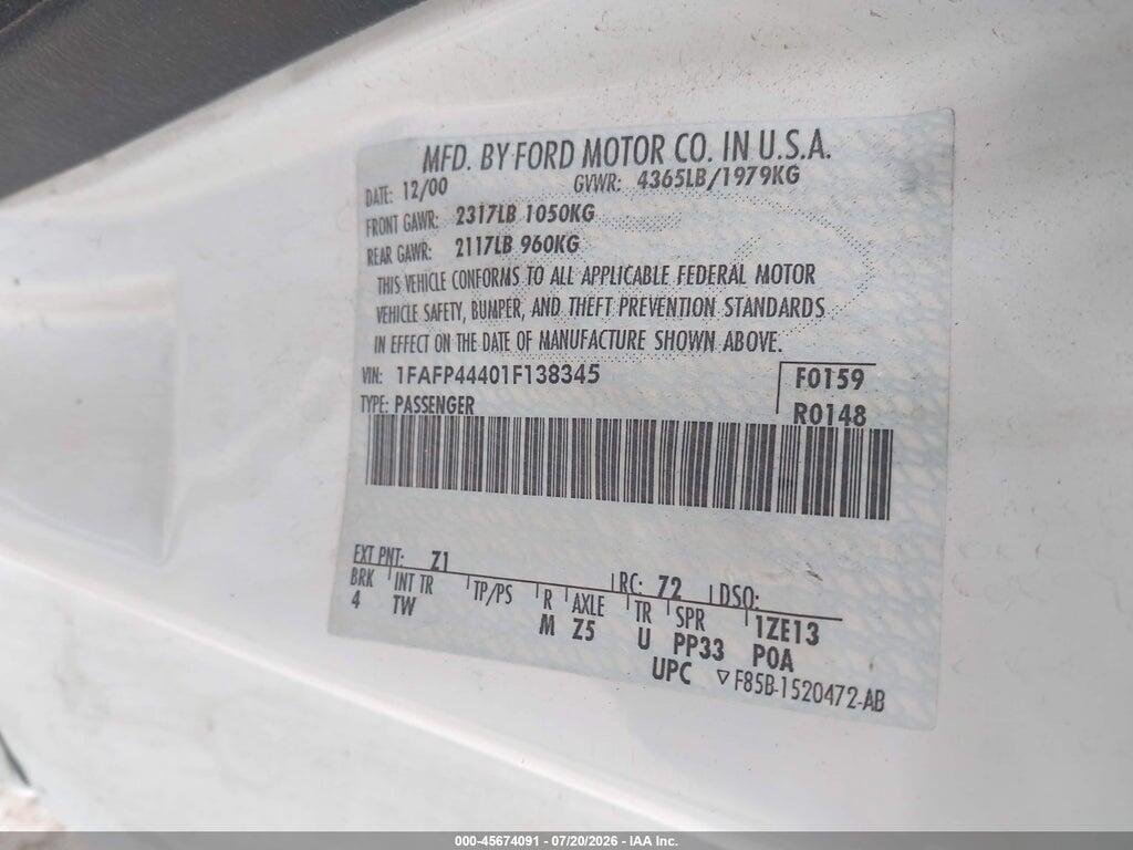 1FAFP44401F138345 2001 FORD MUSTANG photo no. 9